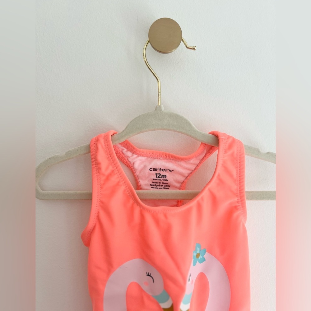 Carter's Coral Peachy Orange Flamingo Swimsuit with Ruffles Baby 12-18 Months - Picture 3 of 4